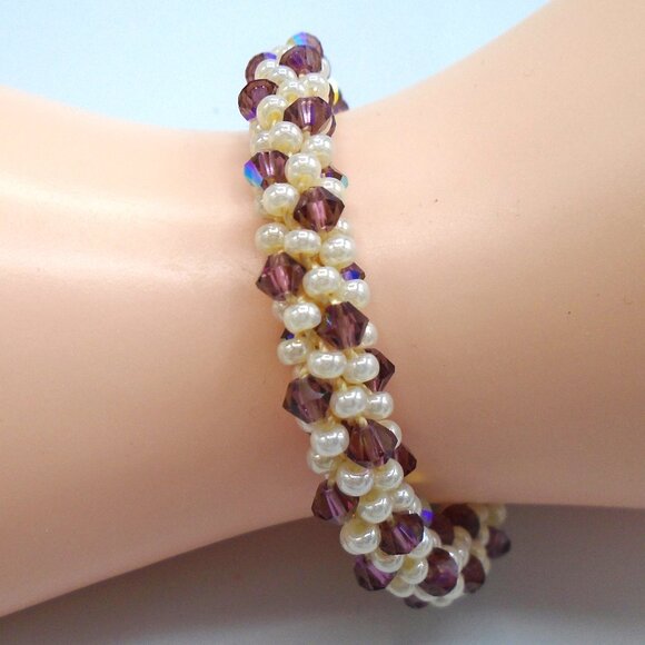 AMETHYST and CREAM CRYSTALS KUMIHIMO Beaded Bracelet Handmade - Picture 2 of 3